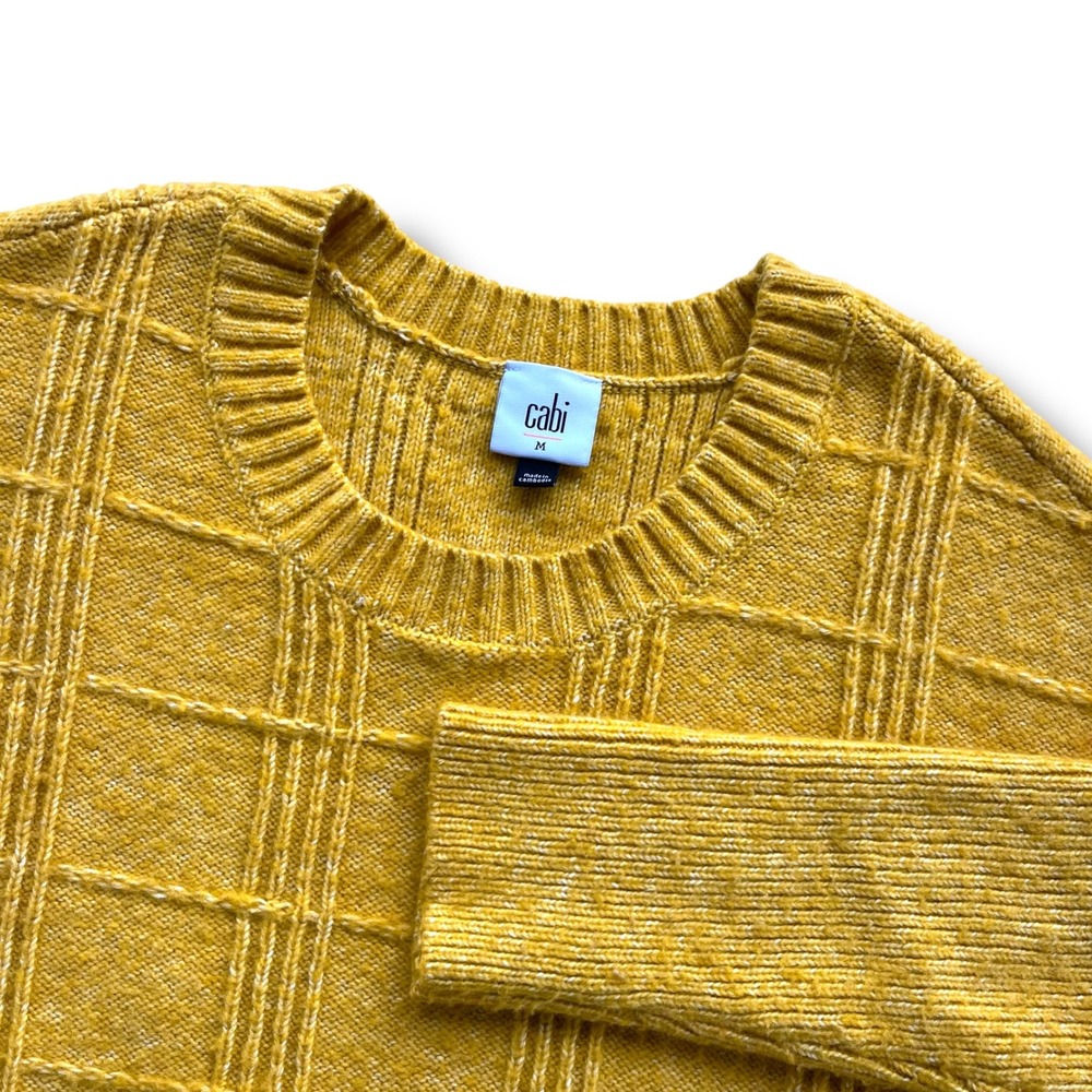Cabi Womens M Mustard Yellow Grid Knit Oversized Stich Mix Pullover Sweater 4039